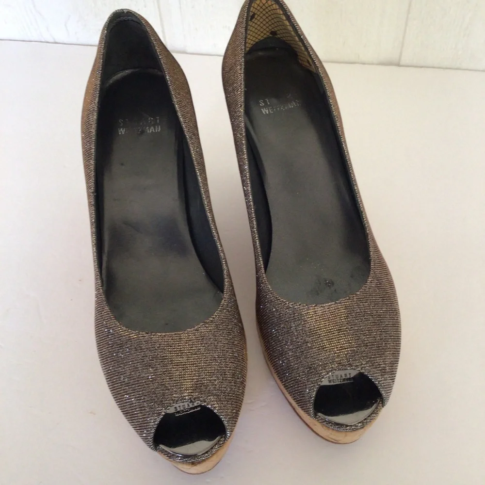 STUART WEITZMAN CORKSWOON BRONZE GLITTER CORK PLATFORM WEDGE SHOES SIZE …
